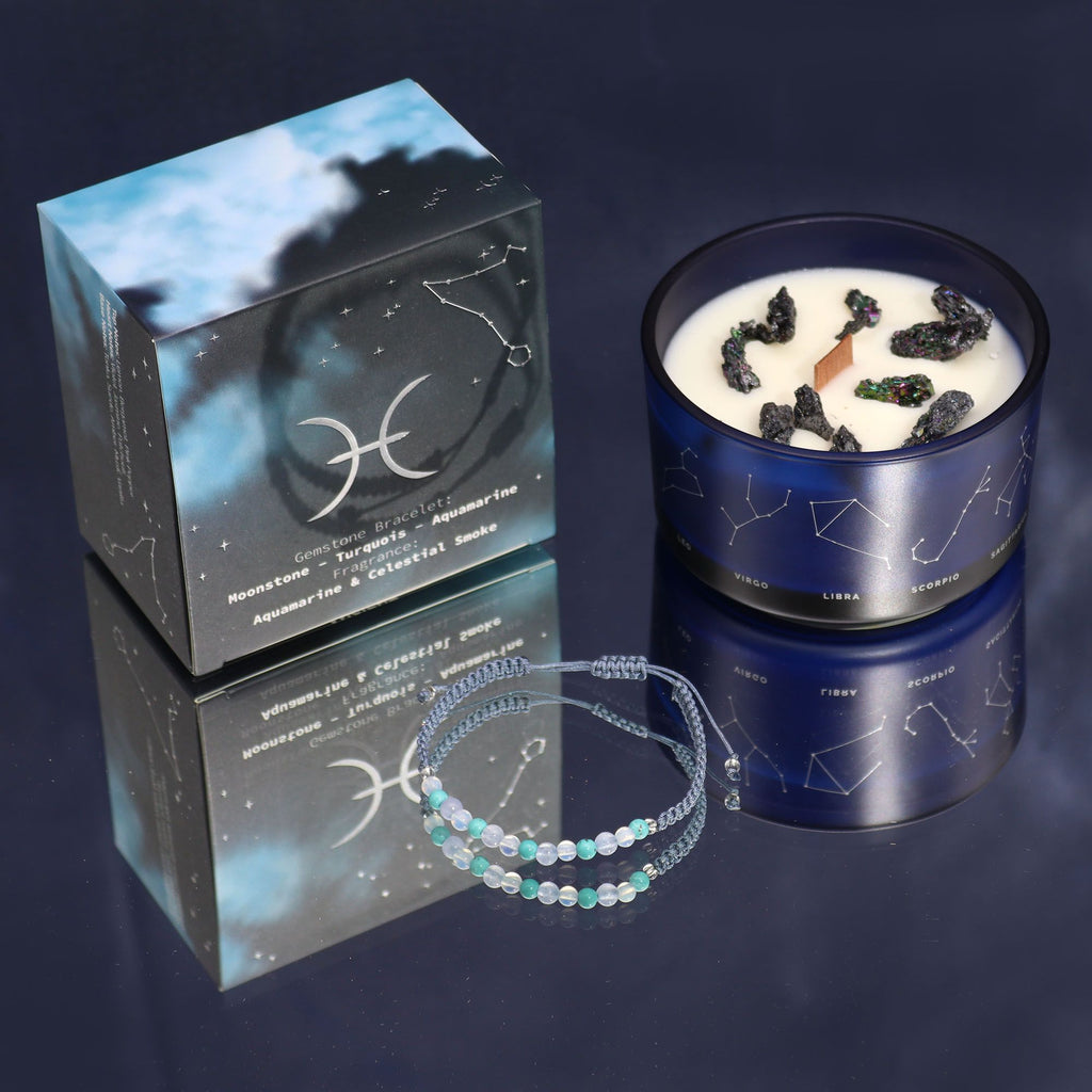 Vela de Cristal del Zodiaco con Pulsera de Piedras Preciosas - Piscis
